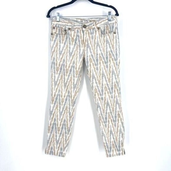 Free People Womens Zig Zag Zipper Crop Skinny Denim Jeans Beige Blue Brown Sz 28 - Picture 2 of 12
